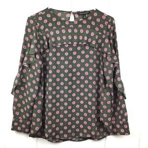 ‎Banana Republic Ruffles Blouse Navy Green Polka Dots, Size XS